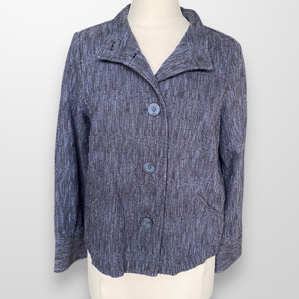 J Jill Womans Size Medium Jacket Blazer Top Blue Boucle Long Sleeve Button Front